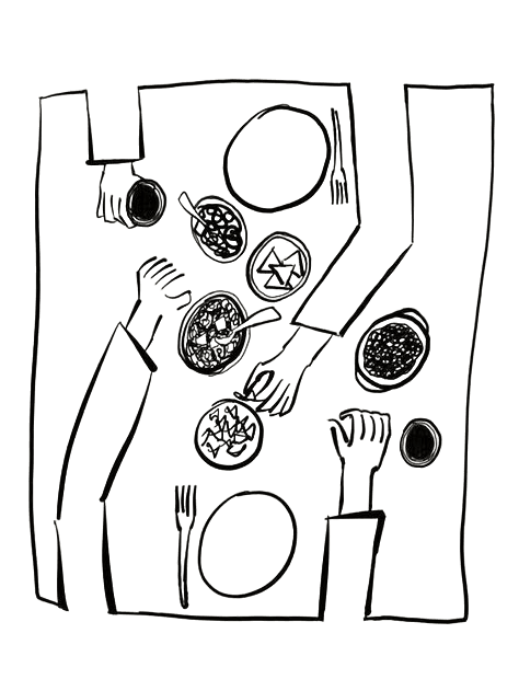 Illustration of hands reaching across a shared dinner table